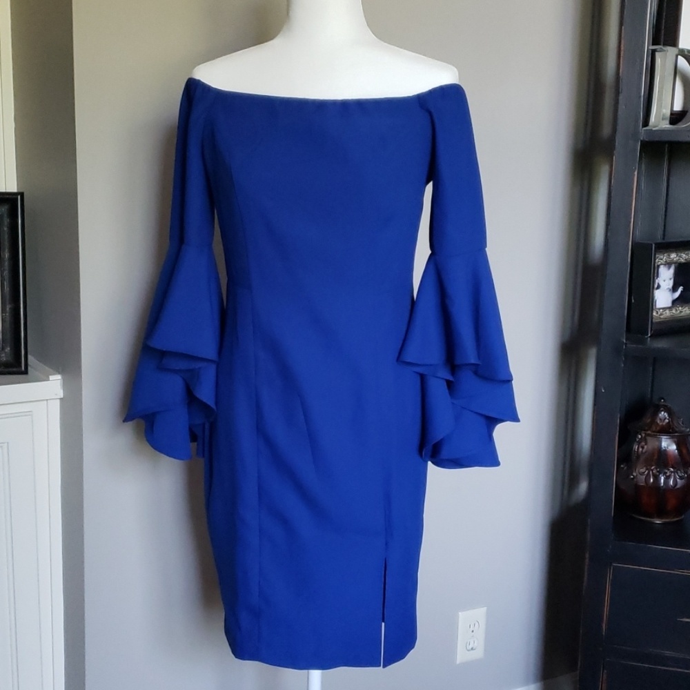 Cobalt blue off the shoulder cocktail dress